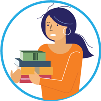 Student holding stack of books, looking stressed