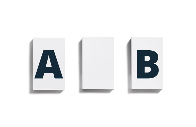 Three stacks of paper: First stack has letter "A" on it; Second stack is blank; Third stack has letter "B" on it