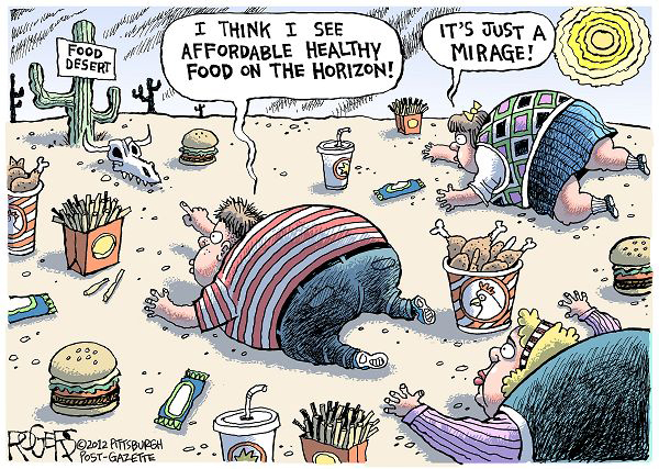Cartoon of obese people in fast-food filled desert crawling towards 'mirage' of healthy affordable food