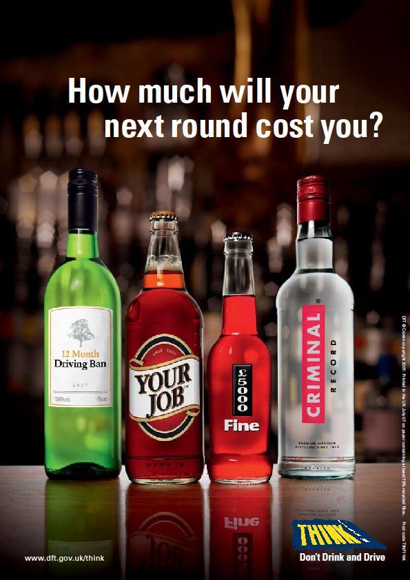 Drunk driving ad "How much will your next round cost you?" 4 bottles read '12 month driving ban', 'your job', '$5000 fine', and 'Criminal record'