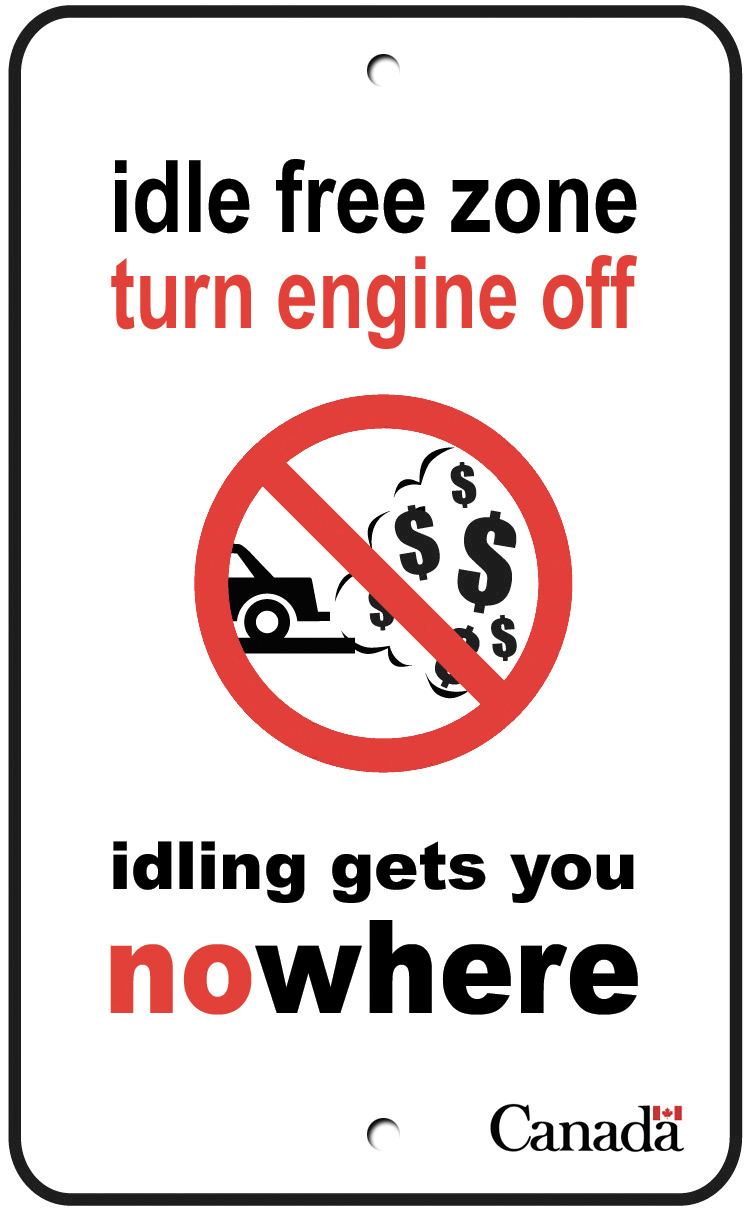 Canadian street sign, saying 'idle free zone turn engine off. Idling gets you nowhere'.