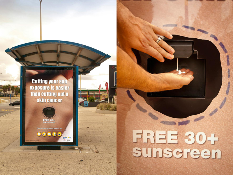 Skin Cancer bus stop poster with Free 30+ sunscreen dispenser